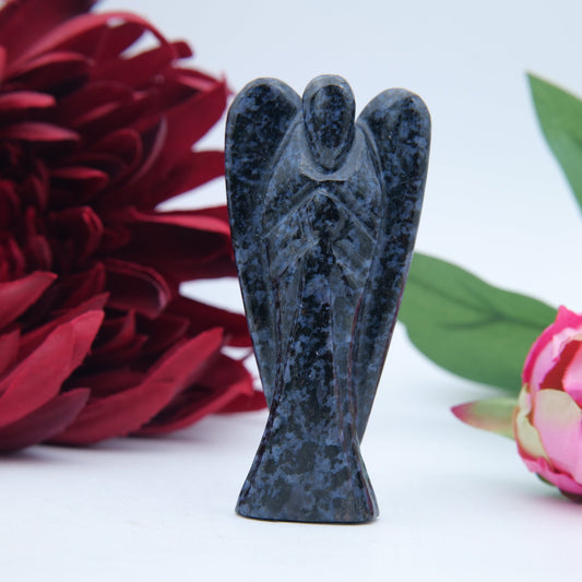 Polished Indigo Gabbro Merlinite Angel 80mm featuring natural patterning and unique variations - Positive Faith Hope Love