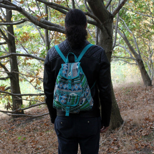 Polished Jacquard Bag Teal Backpack featuring natural patterning and unique variations - Positive Faith Hope Love