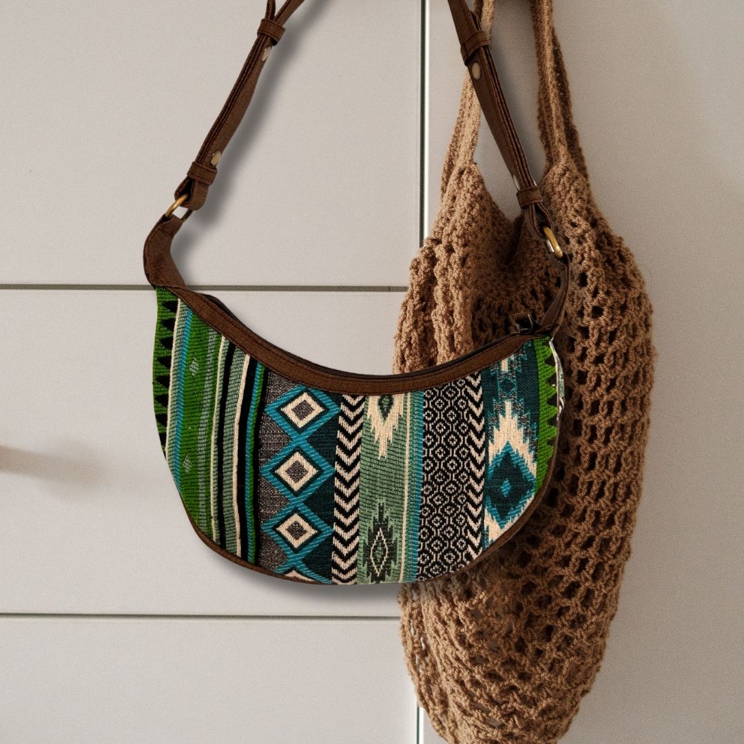 Polished Jacquard Hobo Bag Bold Greens Brown Strap 2 featuring natural patterning and unique variations - Positive Faith Hope Love