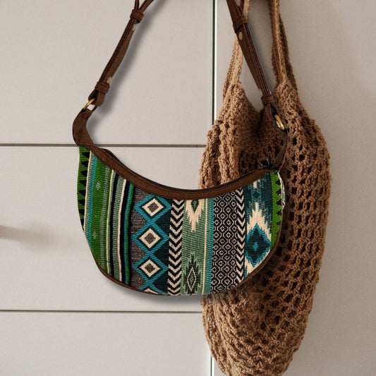 Polished Jacquard Hobo Bag Bold Greens Brown Strap 2 featuring natural patterning and unique variations - Positive Faith Hope Love