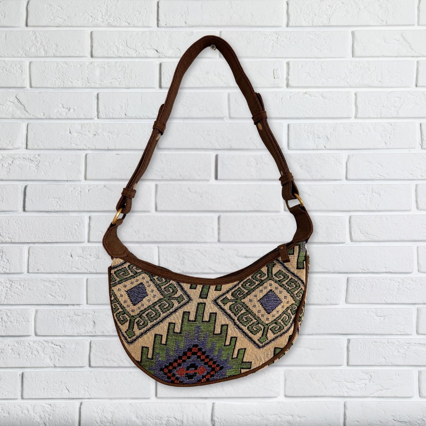 Polished Jacquard Hobo Bag Geo Geen Brown Strap featuring natural patterning and unique variations - Positive Faith Hope Love