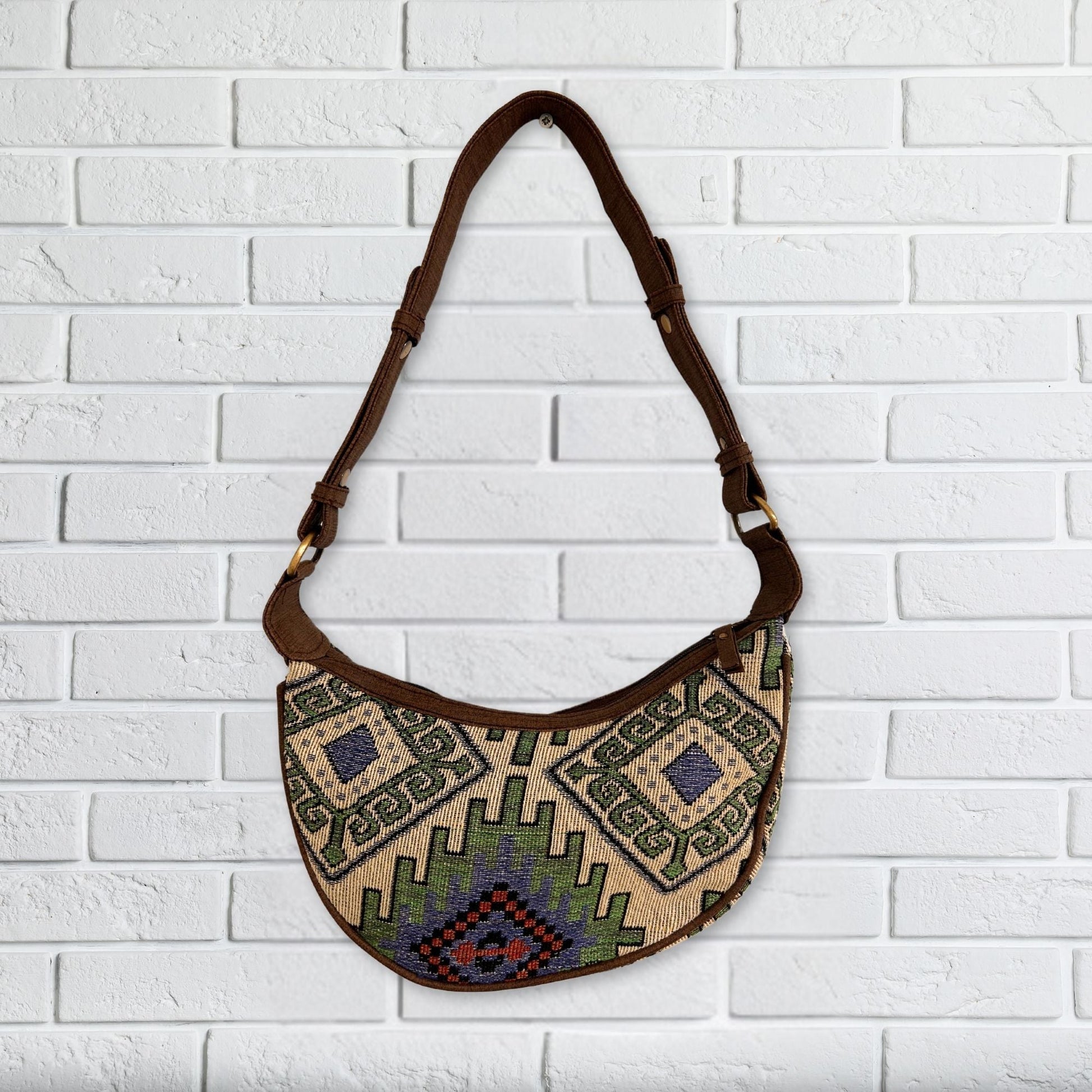 Polished Jacquard Hobo Bag Geo Geen Brown Strap featuring natural patterning and unique variations - Positive Faith Hope Love