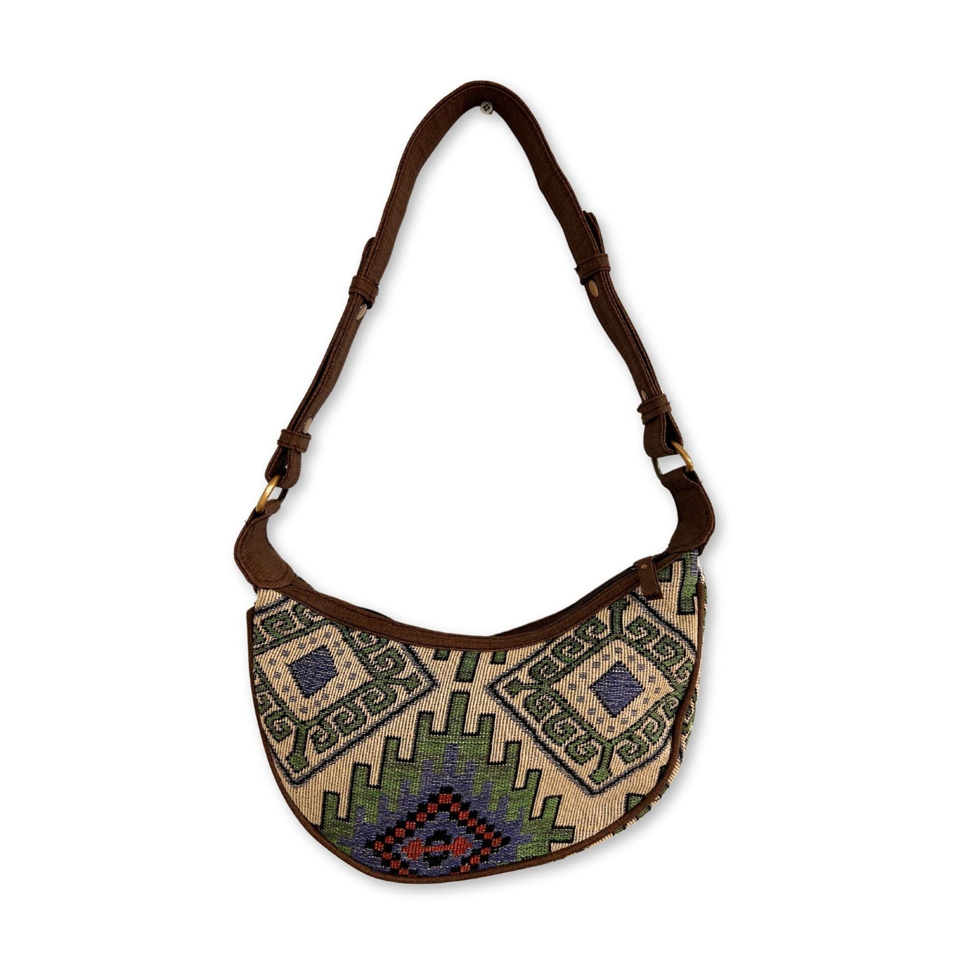 Polished Jacquard Hobo Bag Geo Geen Brown Strap featuring natural patterning and unique variations - Positive Faith Hope Love