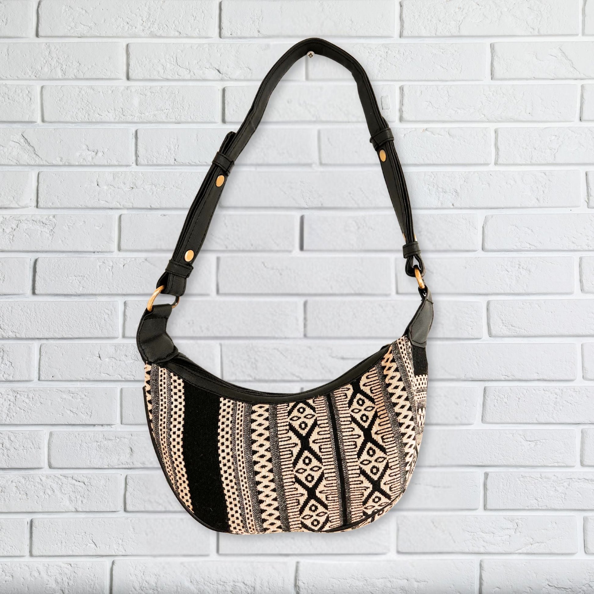 Polished Jacquard Hobo Bag Grey Metro Black Strap featuring natural patterning and unique variations - Positive Faith Hope Love