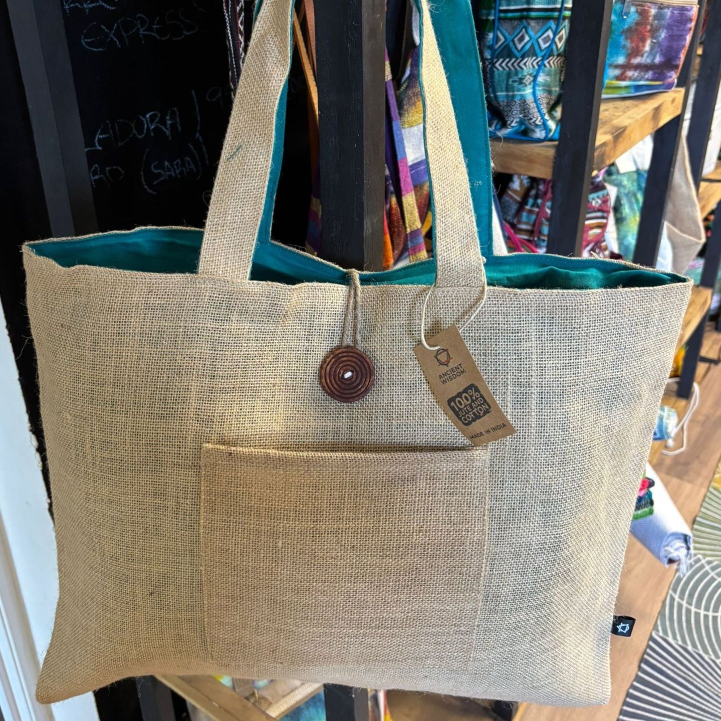 Polished Jute Cotton Reversible Big Bag Teal 1 featuring natural patterning and unique variations - Positive Faith Hope Love