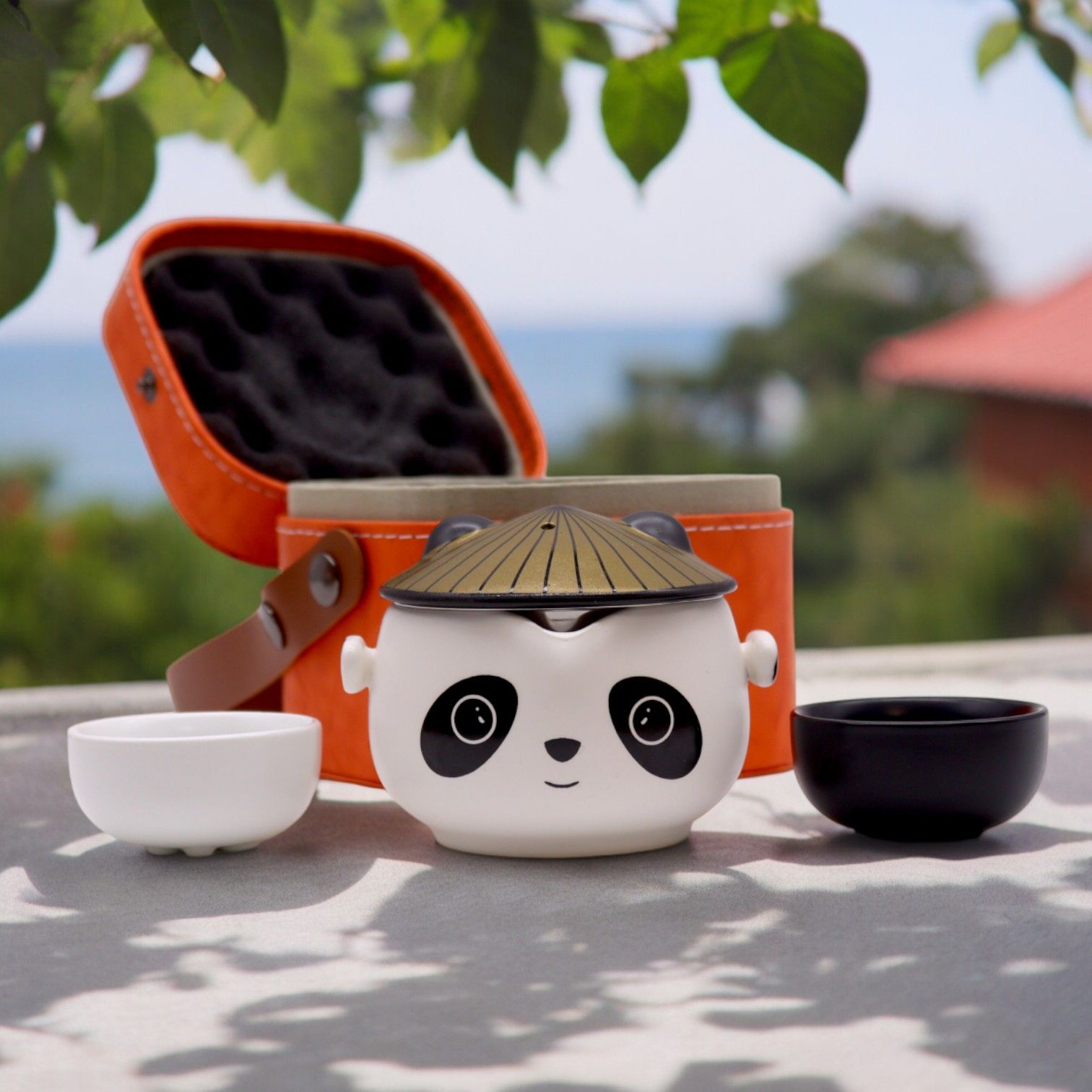 Polished Kung Fu Panda Teapot Set - Two Cups - Travel Pack featuring natural patterning and unique variations - Positive Faith Hope Love