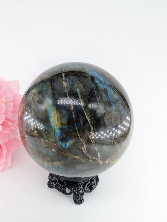 Polished Labradorite Flashy Sphere 2035G 112Mm featuring blue flash and iridescent shimmer - Positive Faith Hope Love