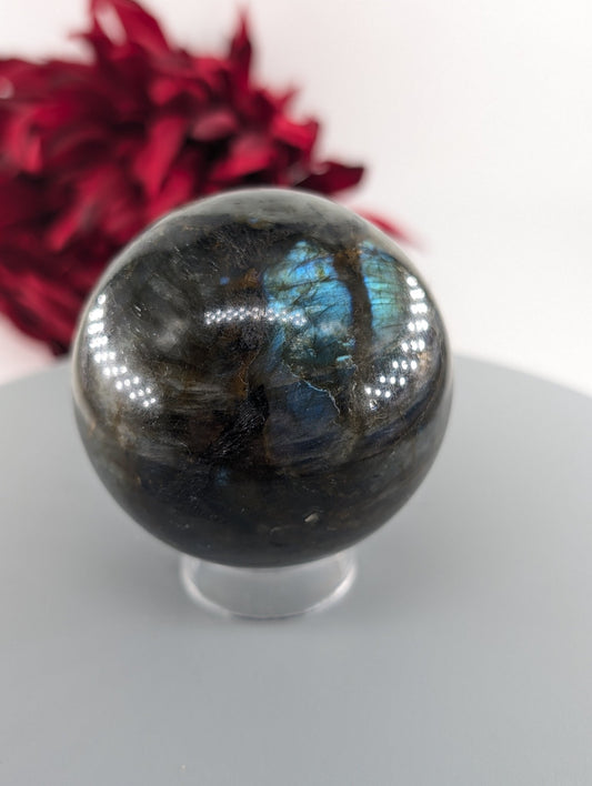 Polished Labradorite Flashy Sphere 350G 60Mm featuring blue flash and iridescent shimmer - Positive Faith Hope Love
