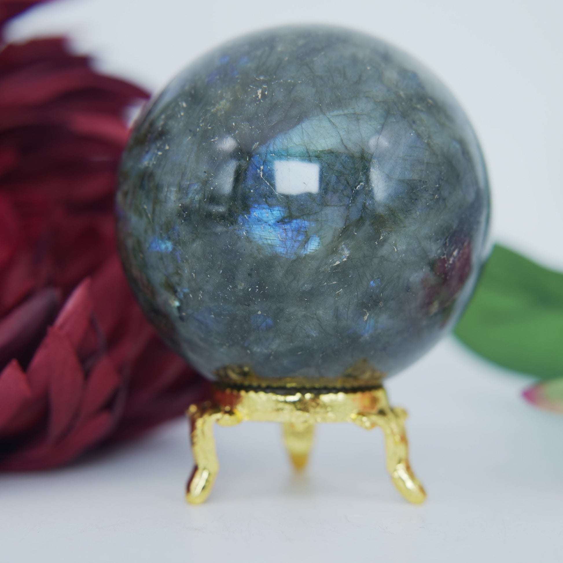 Polished Labradorite Sphere 407 grams featuring blue flash and iridescent shimmer - Positive Faith Hope Love