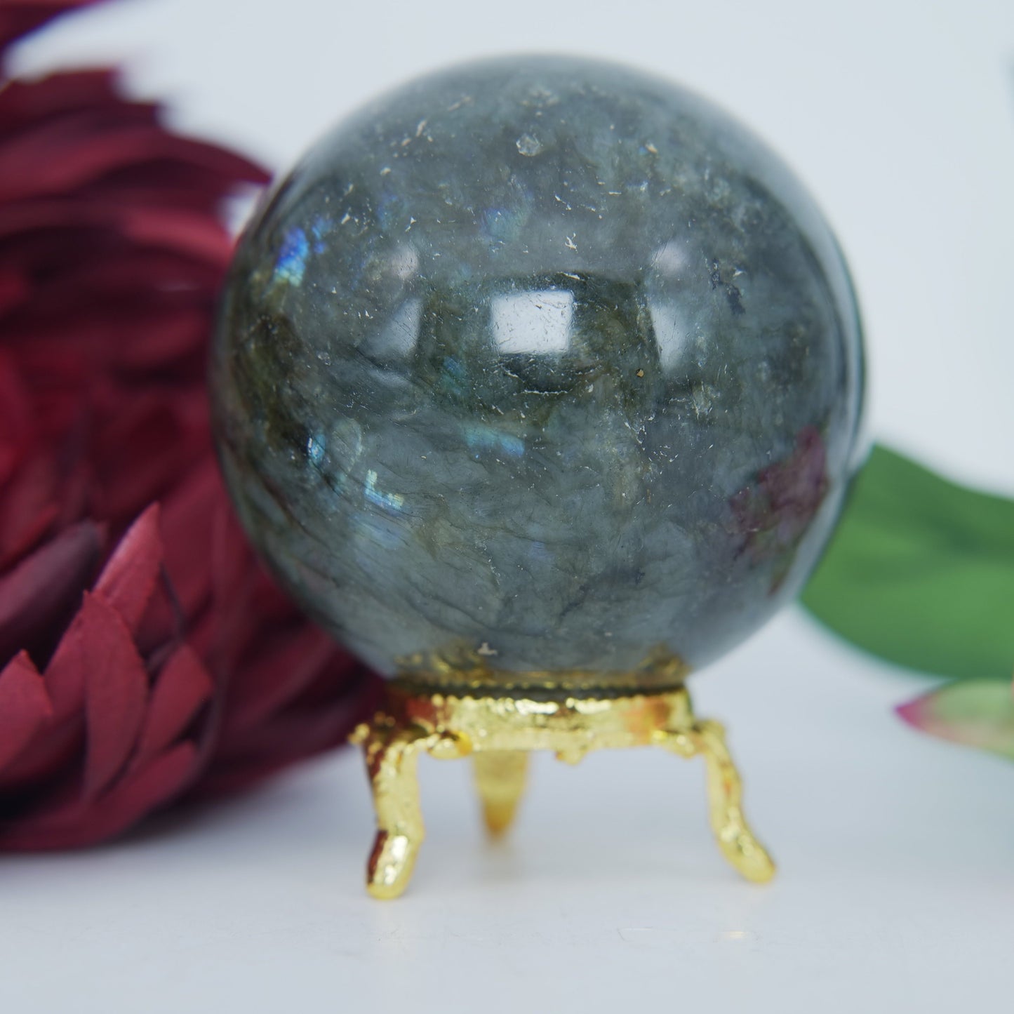 Polished Labradorite Sphere 407 Grams featuring blue flash and iridescent shimmer - Positive Faith Hope Love