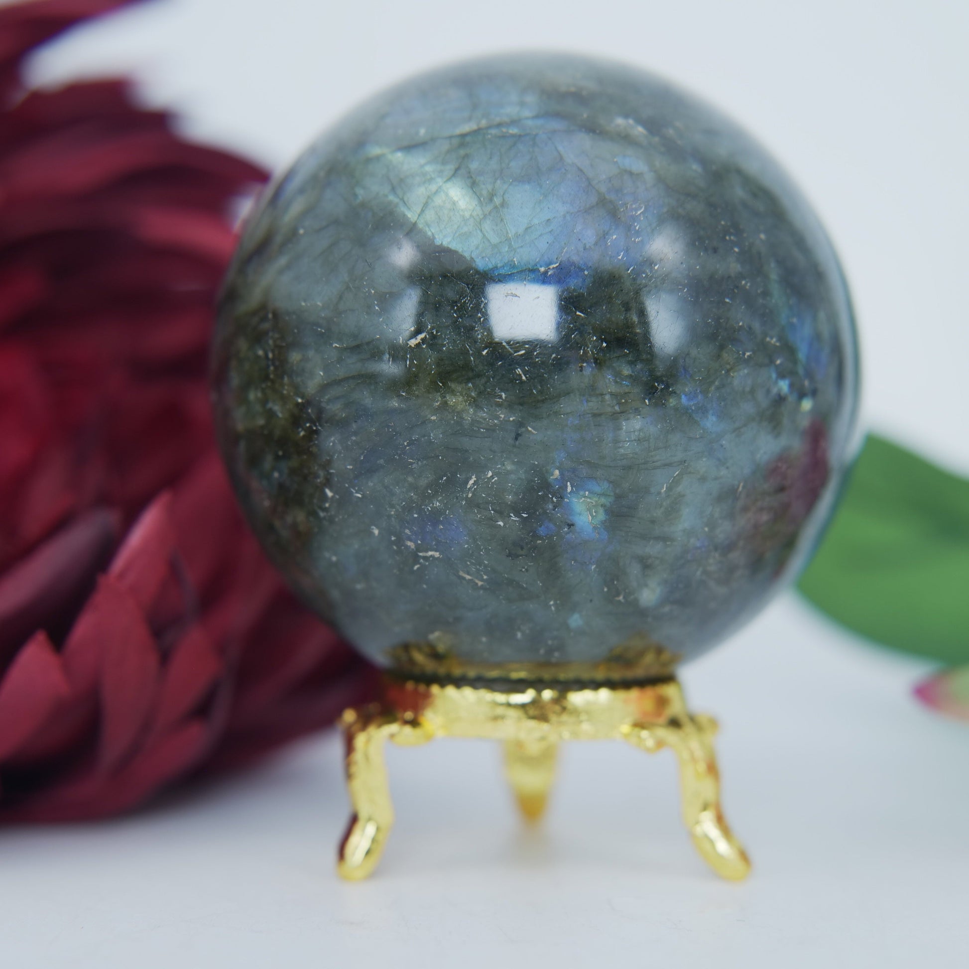 Polished Labradorite Sphere 407 Grams featuring blue flash and iridescent shimmer - Positive Faith Hope Love