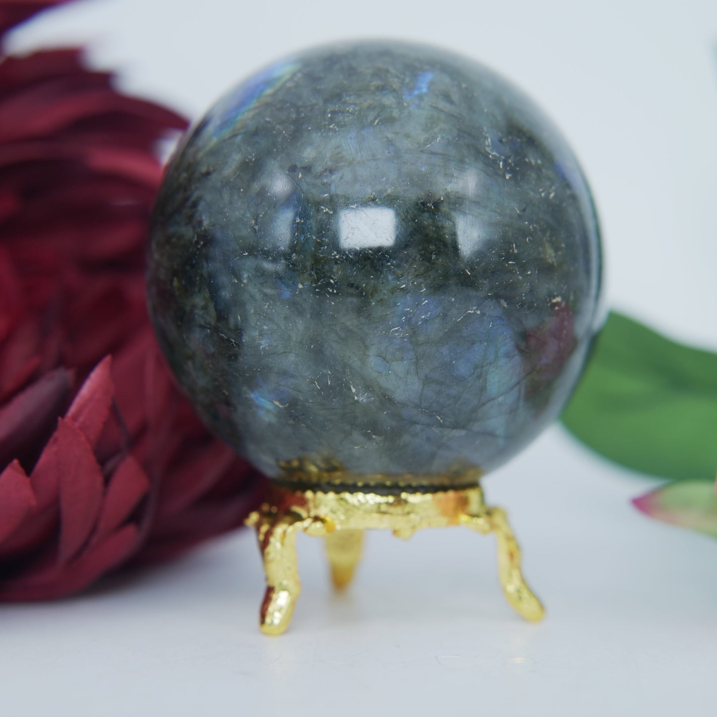 Polished Labradorite Sphere 407 Grams featuring blue flash and iridescent shimmer - Positive Faith Hope Love