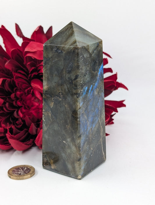 Polished Labradorite Tower 460G featuring blue flash and iridescent shimmer - Positive Faith Hope Love