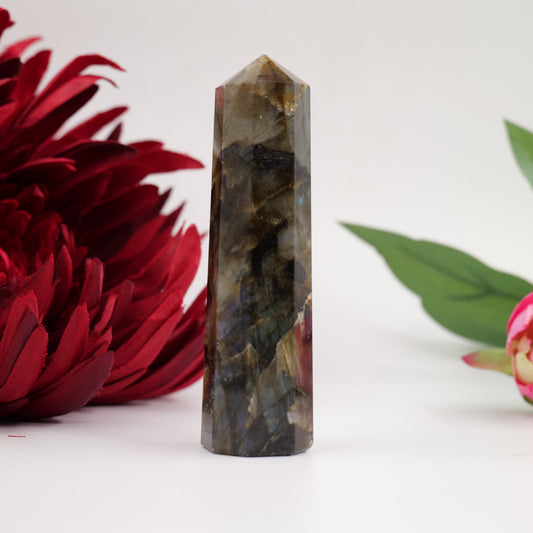 Polished Labradorite Tower 65g featuring blue flash and iridescent shimmer - Positive Faith Hope Love