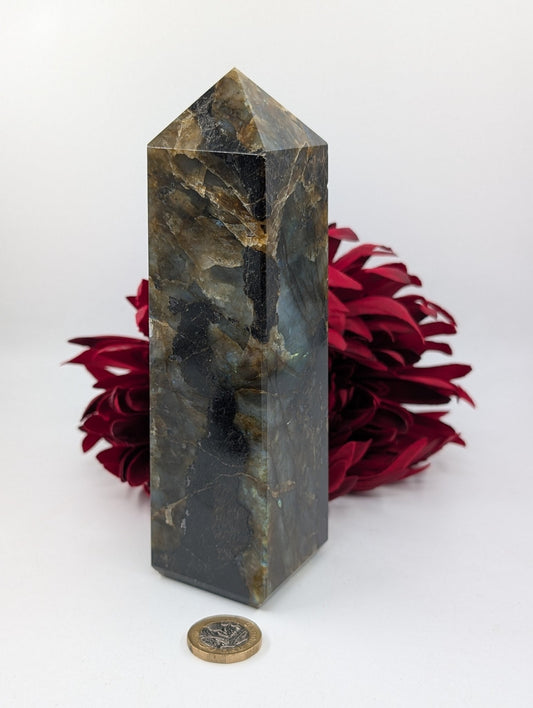 Polished Labradorite Tower 914G featuring blue flash and iridescent shimmer - Positive Faith Hope Love