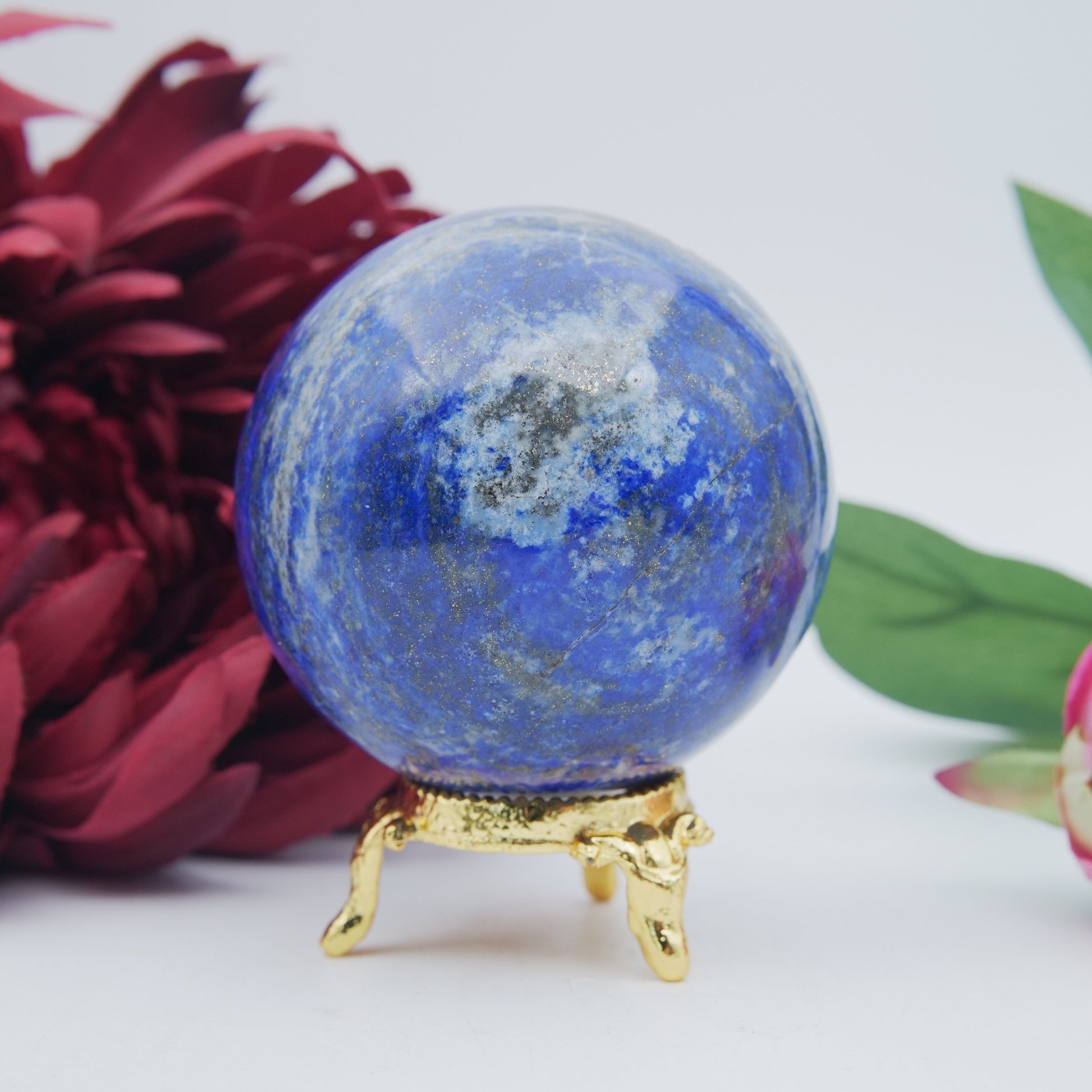 Polished Lapis Lazuli Sphere 419G featuring royal blue tone with gold pyrite flecks - Positive Faith Hope Love