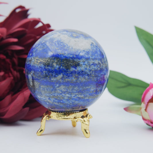 Polished Lapis Lazuli Sphere 419g featuring royal blue tone with gold pyrite flecks - Positive Faith Hope Love