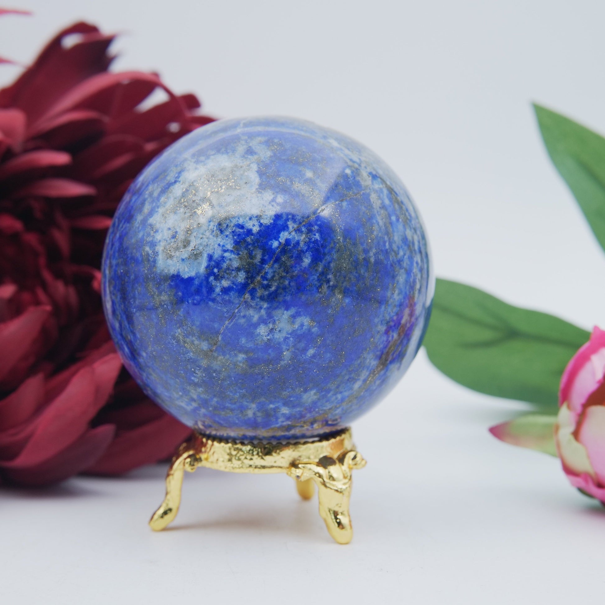 Polished Lapis Lazuli Sphere 419G featuring royal blue tone with gold pyrite flecks - Positive Faith Hope Love