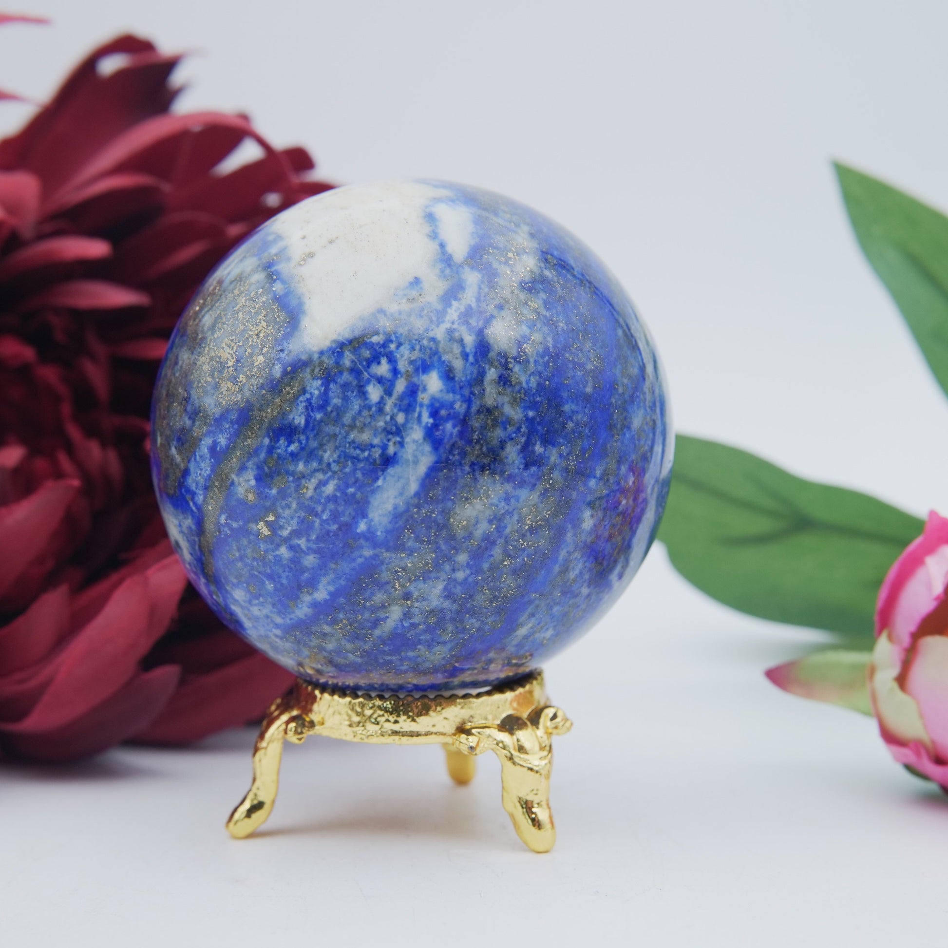 Polished Lapis Lazuli Sphere 419G featuring royal blue tone with gold pyrite flecks - Positive Faith Hope Love