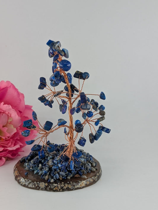 Polished Lapis Lazuli Tree On Natural Agate 135Mm featuring royal blue tone with gold pyrite flecks - Positive Faith Hope Love