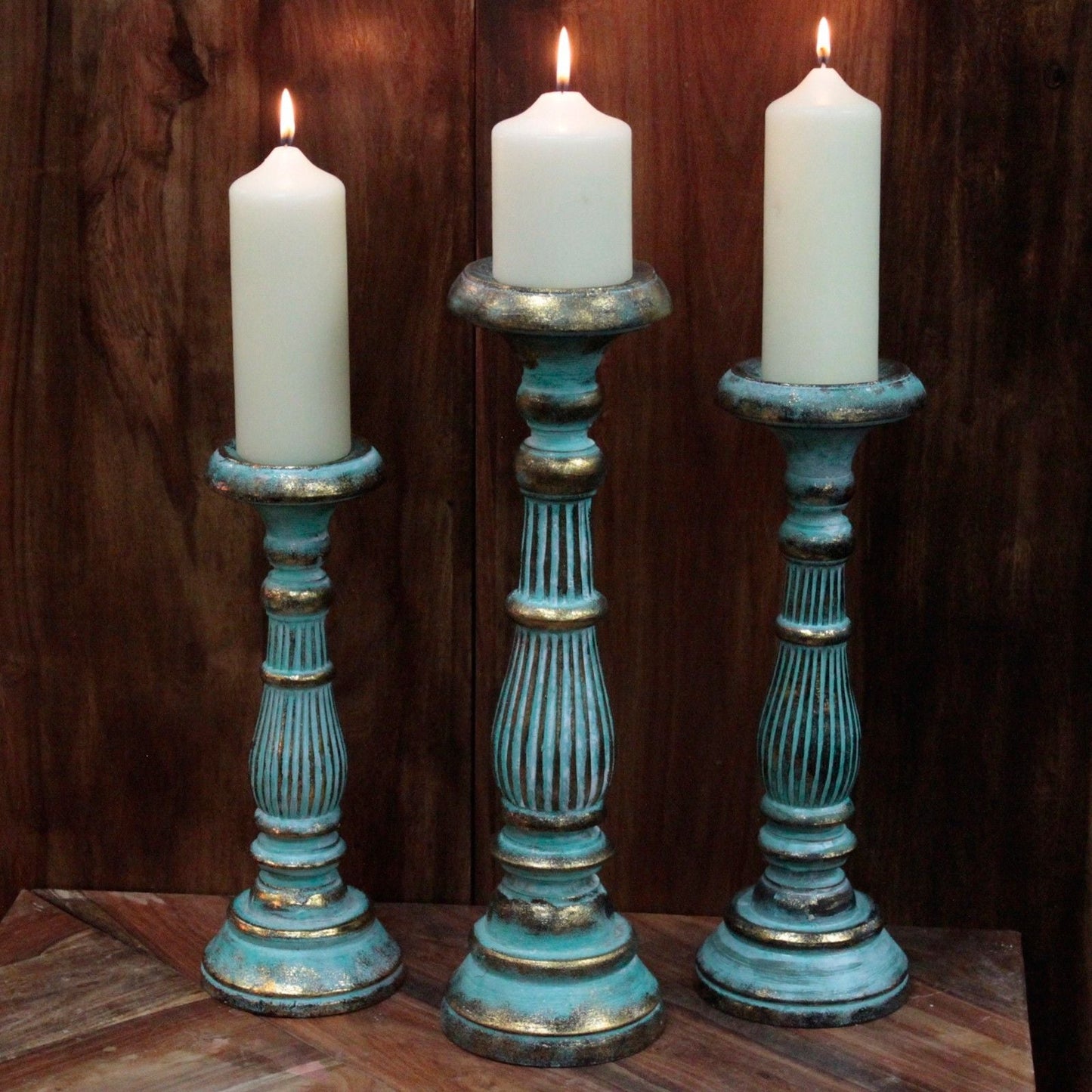 Polished Large Candle Stand Turquois Gold featuring natural patterning and unique variations - Positive Faith Hope Love