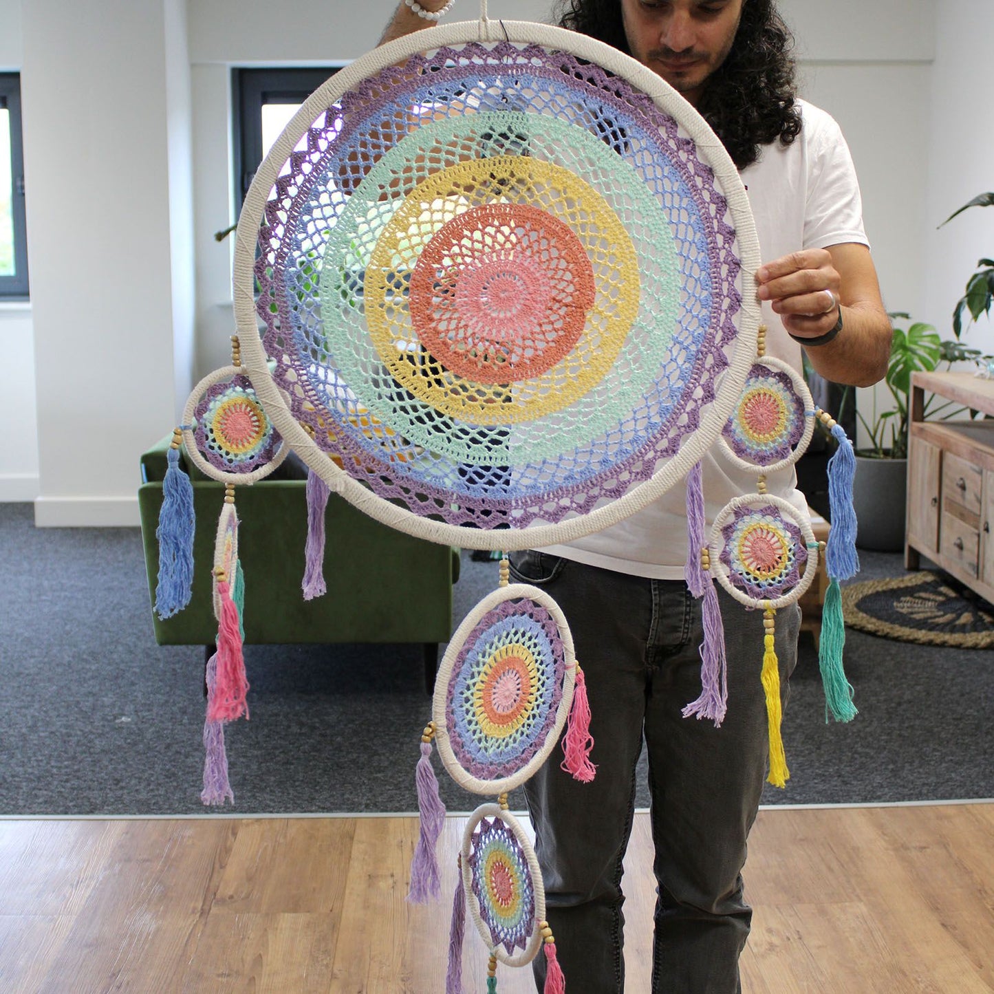 Polished Large Dreamcatcher 55Cm Pastel Rainbow featuring natural patterning and unique variations - Positive Faith Hope Love