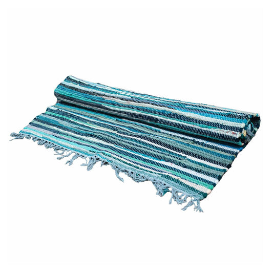 Polished Large Rag Rug - 150x90cm - premium quality - Aqua Blues featuring natural patterning and unique variations - Positive Faith Hope Love