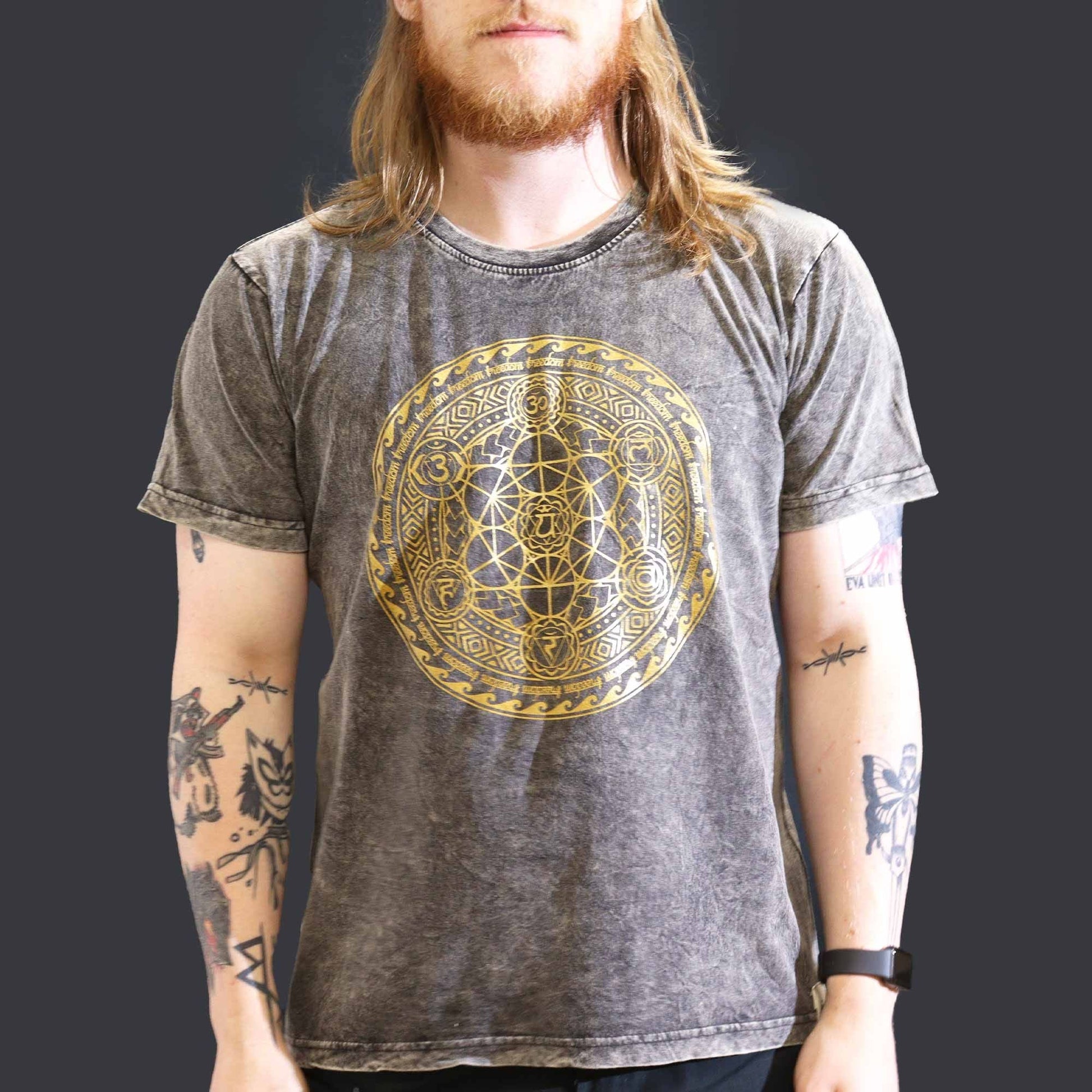 Polished Large Stone Washed T Shirt Chakra Dark Grey featuring natural patterning and unique variations - Positive Faith Hope Love
