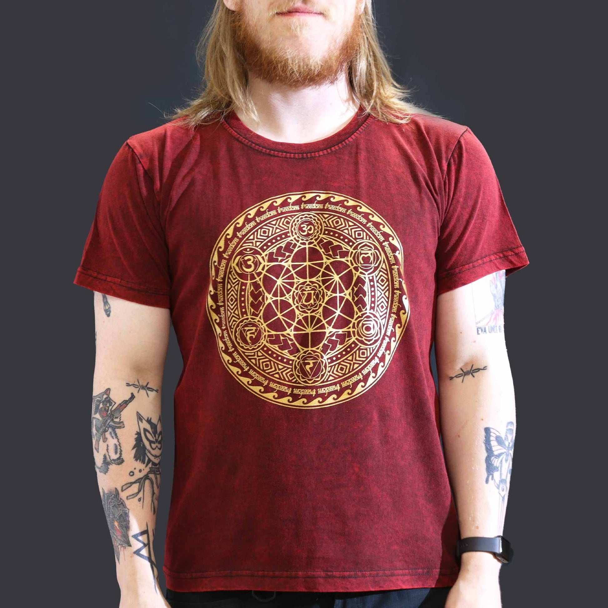 Polished Large Stone Washed T Shirt Chakra Maroon featuring natural patterning and unique variations - Positive Faith Hope Love