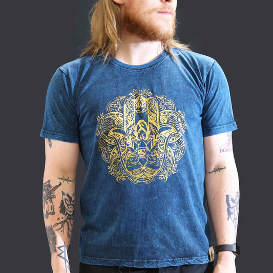 Polished Large Stone Washed T-Shirt - Hamsa - Blue featuring natural patterning and unique variations - Positive Faith Hope Love