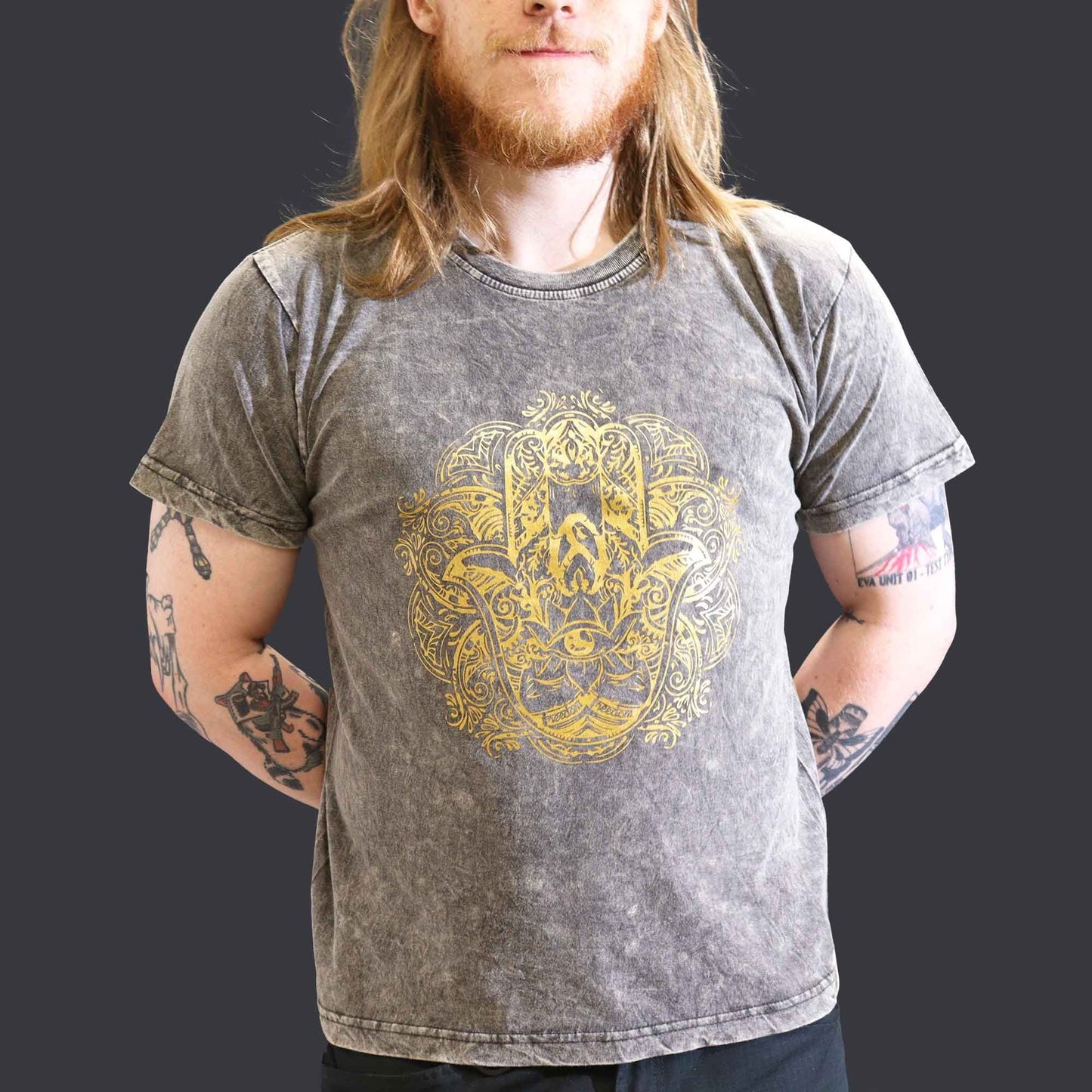 Polished Large Stone Washed T-Shirt - Hamsa - Dark Grey featuring natural patterning and unique variations - Positive Faith Hope Love