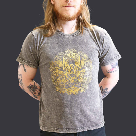 Polished Large Stone Washed T-Shirt - Hamsa - Dark Grey featuring natural patterning and unique variations - Positive Faith Hope Love