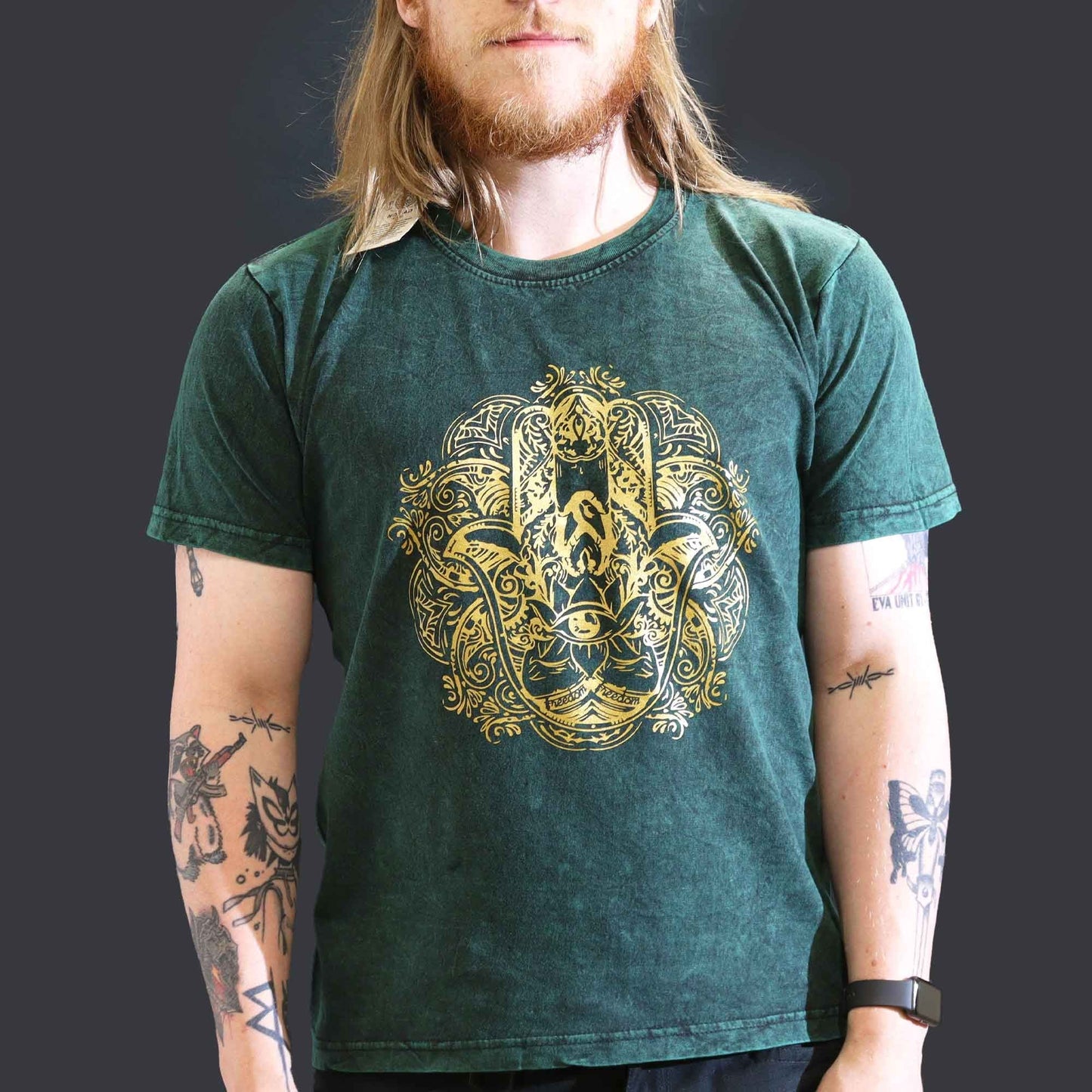 Polished Large Stone Washed T-Shirt - Hamsa - Green featuring natural patterning and unique variations - Positive Faith Hope Love