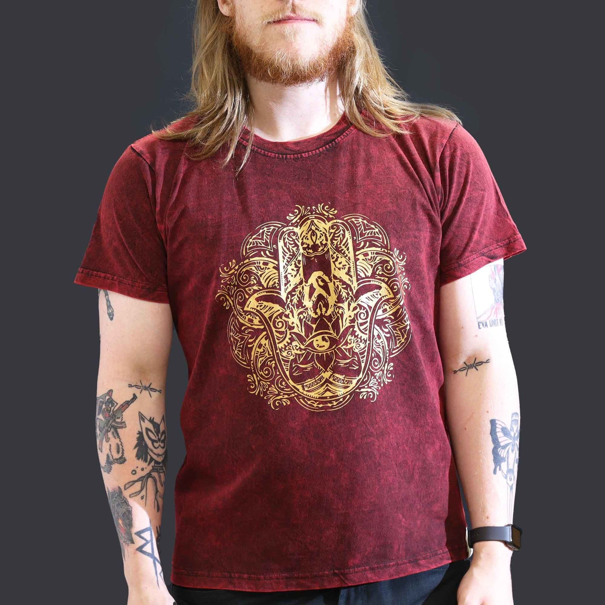 Polished Large Stone Washed T Shirt Hamsa Maroon featuring natural patterning and unique variations - Positive Faith Hope Love