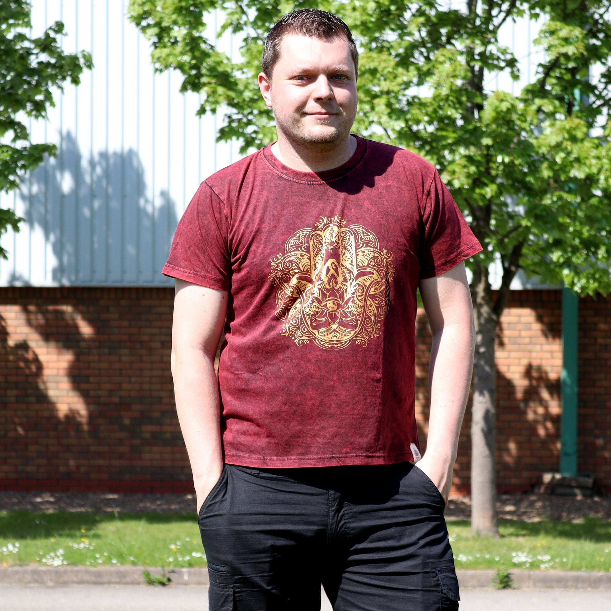 Polished Large Stone Washed T-Shirt - Hamsa - Maroon featuring natural patterning and unique variations - Positive Faith Hope Love