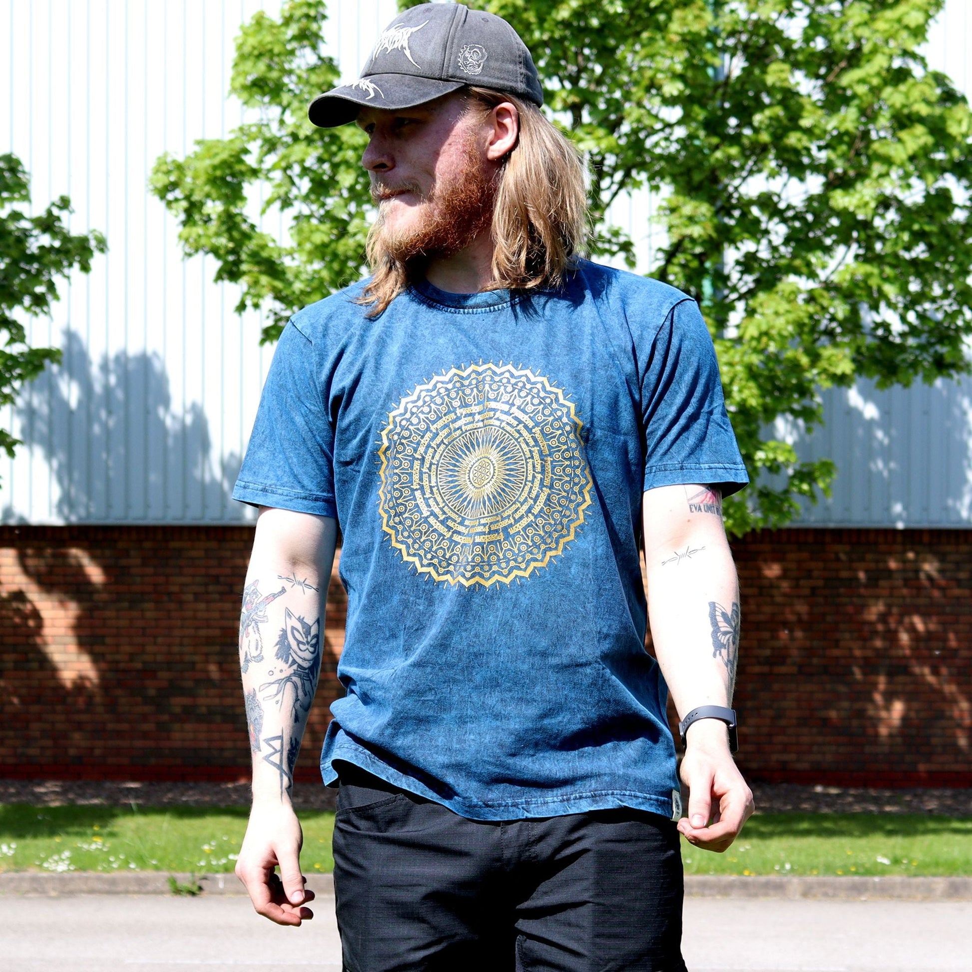 Polished Large Stone Washed T Shirt Mandala Blue featuring natural patterning and unique variations - Positive Faith Hope Love