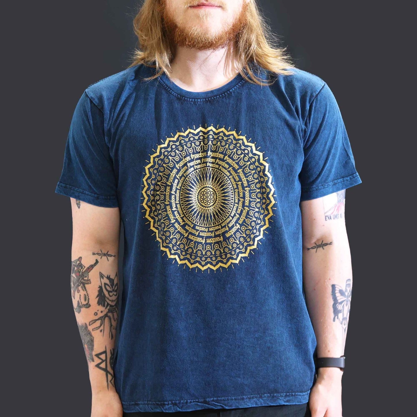 Polished Large Stone Washed T Shirt Mandala Blue featuring natural patterning and unique variations - Positive Faith Hope Love