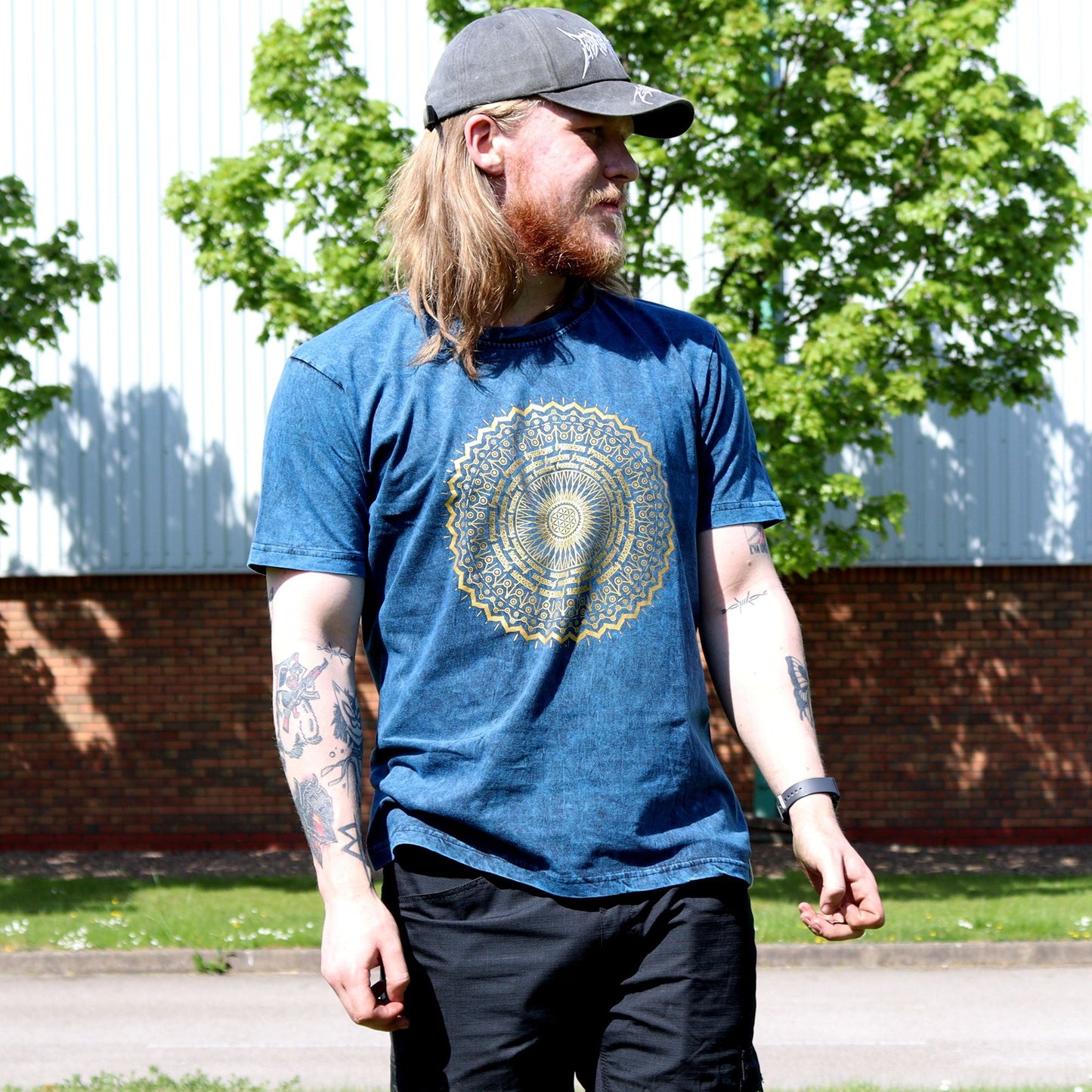 Polished Large Stone Washed T-Shirt - Mandala - Blue featuring natural patterning and unique variations - Positive Faith Hope Love