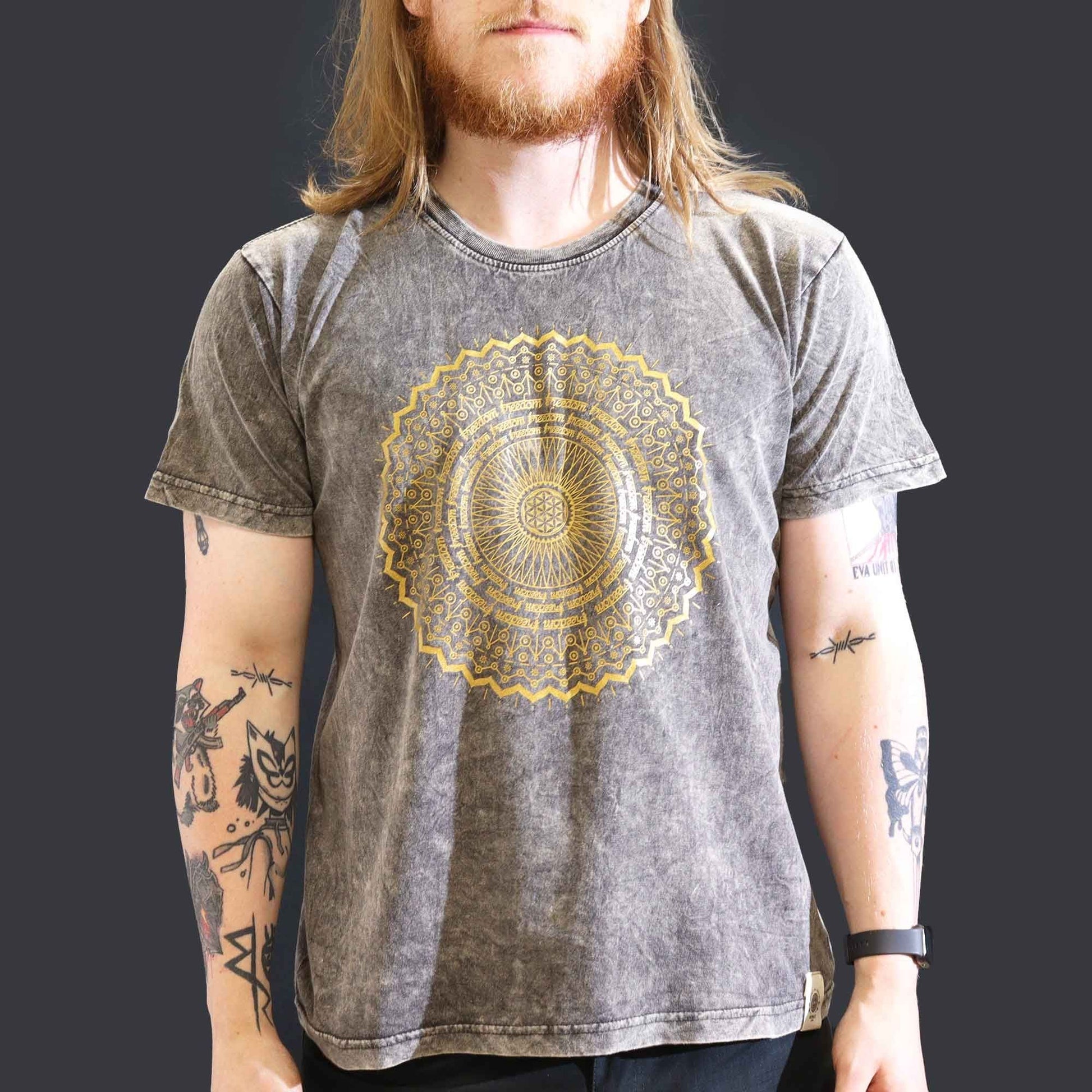 Polished Large Stone Washed T Shirt Mandala Dark Grey featuring natural patterning and unique variations - Positive Faith Hope Love