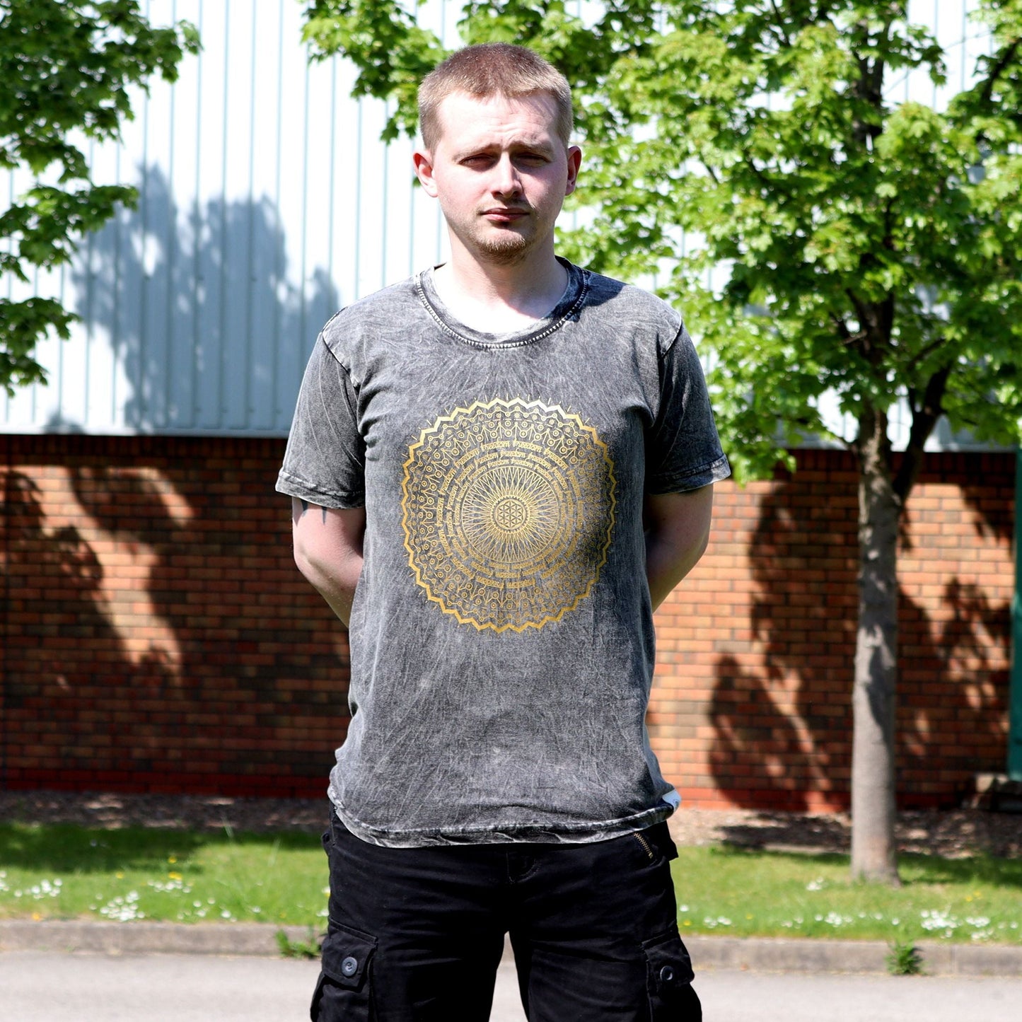 Polished Large Stone Washed T-Shirt - Mandala - Dark Grey featuring natural patterning and unique variations - Positive Faith Hope Love