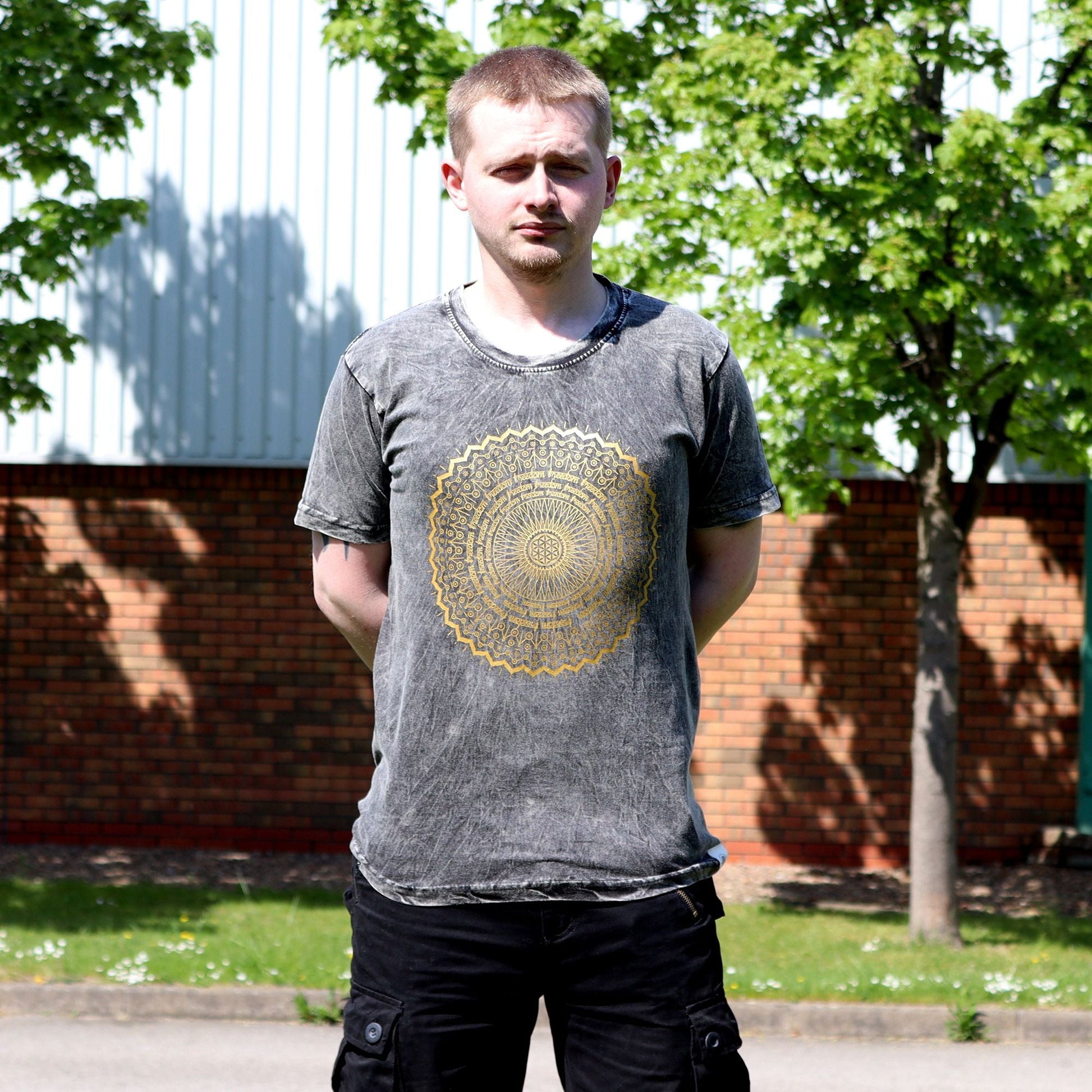Polished Large Stone Washed T-Shirt - Mandala - Dark Grey featuring natural patterning and unique variations - Positive Faith Hope Love