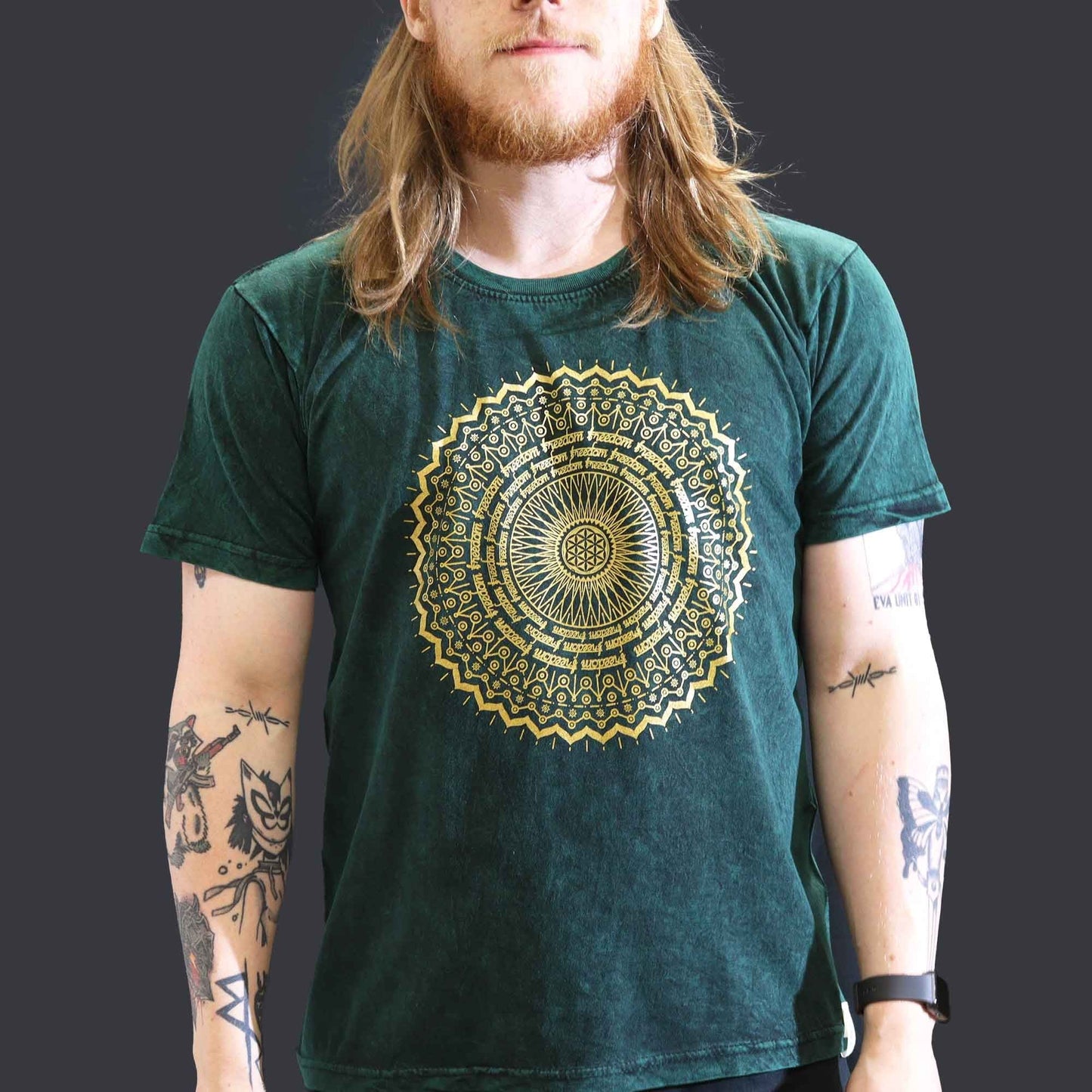 Polished Large Stone Washed T Shirt Mandala Green featuring natural patterning and unique variations - Positive Faith Hope Love