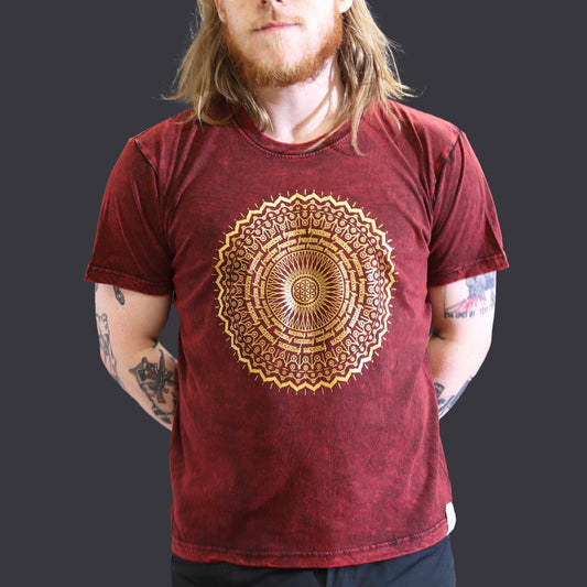 Polished Large Stone Washed T Shirt Mandala Maroon featuring natural patterning and unique variations - Positive Faith Hope Love