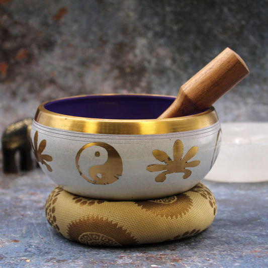 large Yin & Yang Singing Bowl Set - White/Purple 14cm - Positive Faith Hope Love
