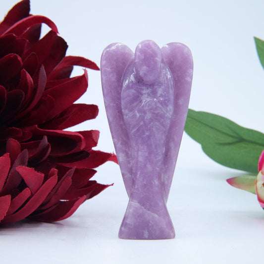 Polished Lepidolite Angel 80mm featuring lilac-mauve tone with mica sparkle - Positive Faith Hope Love