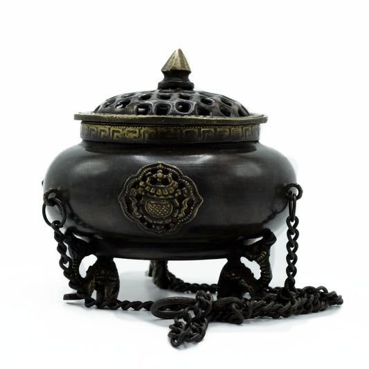 Polished Lrg Brass Tibetan Burner - Four Symbol Hanging Pot featuring natural patterning and unique variations - Positive Faith Hope Love