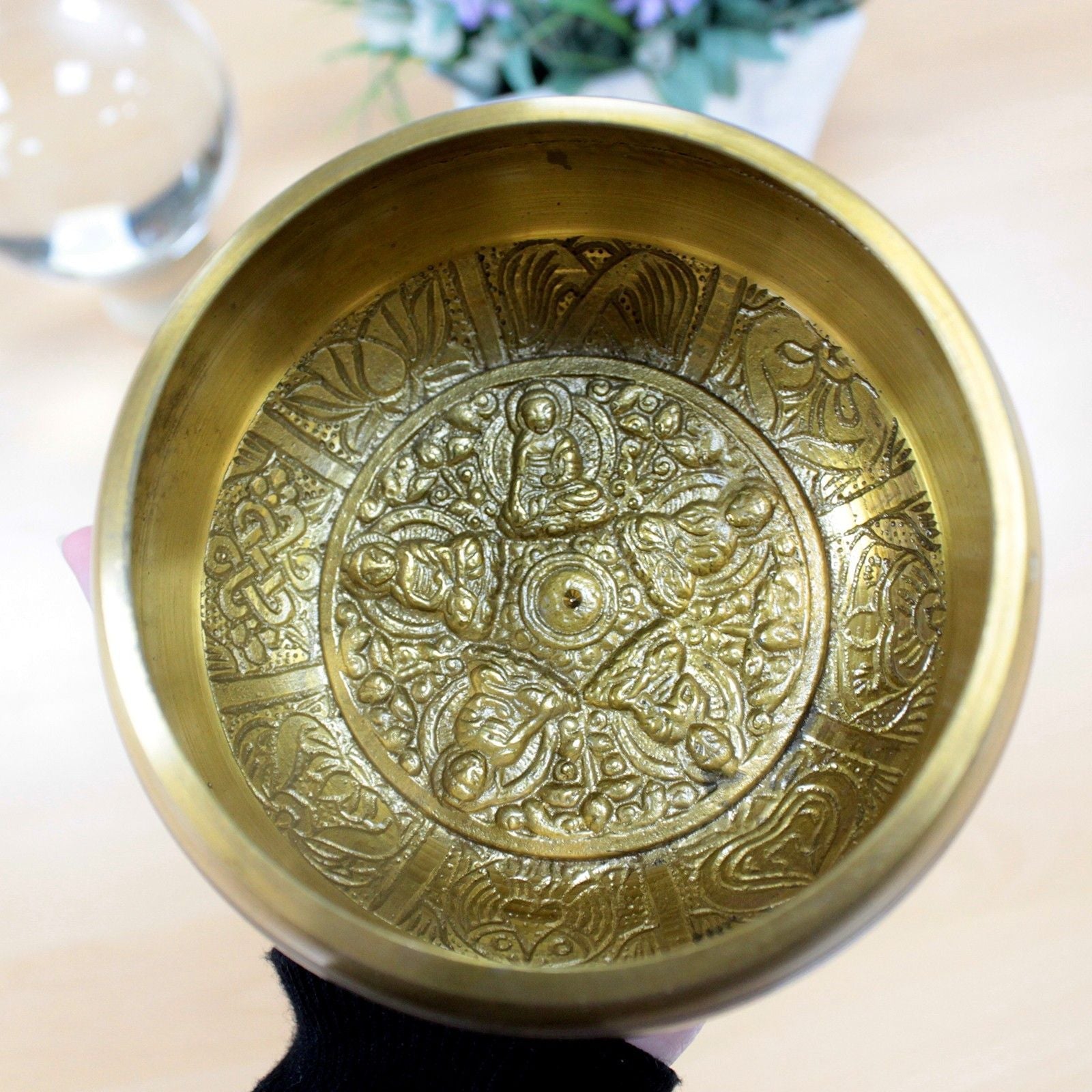 Polished Lrg Five Buddha Singing Bowl featuring natural patterning and unique variations - Positive Faith Hope Love