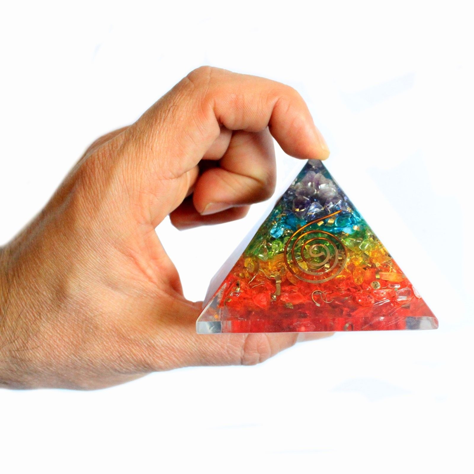 Polished Lrg Orgonite Pyramid 70Mm Chakra Gemchips featuring natural patterning and unique variations - Positive Faith Hope Love