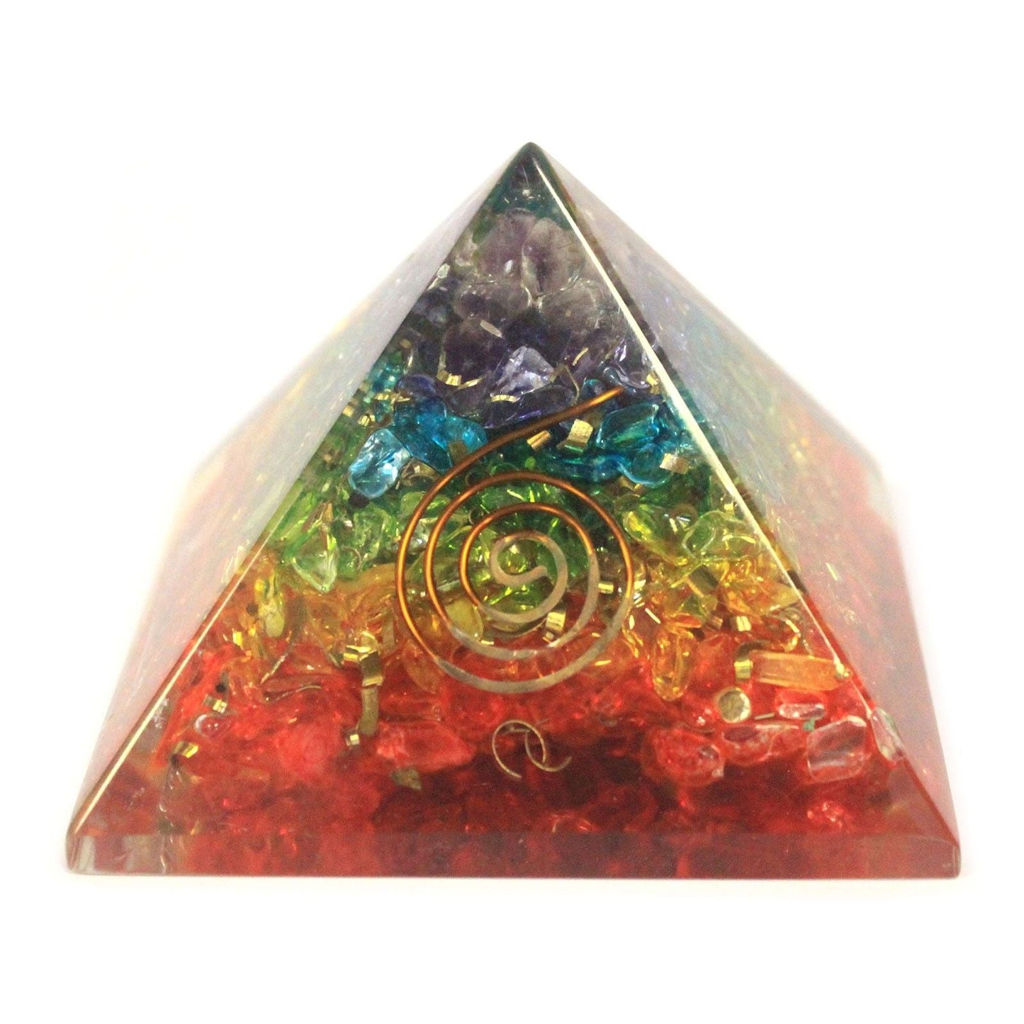 Polished Lrg Orgonite Pyramid 70mm - Chakra Gemchips featuring natural patterning and unique variations - Positive Faith Hope Love
