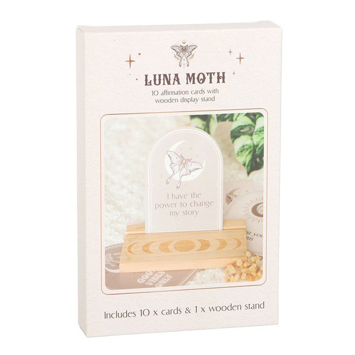 Polished Luna Moth Affirmation Cards With Wooden Stand featuring natural patterning and unique variations - Positive Faith Hope Love